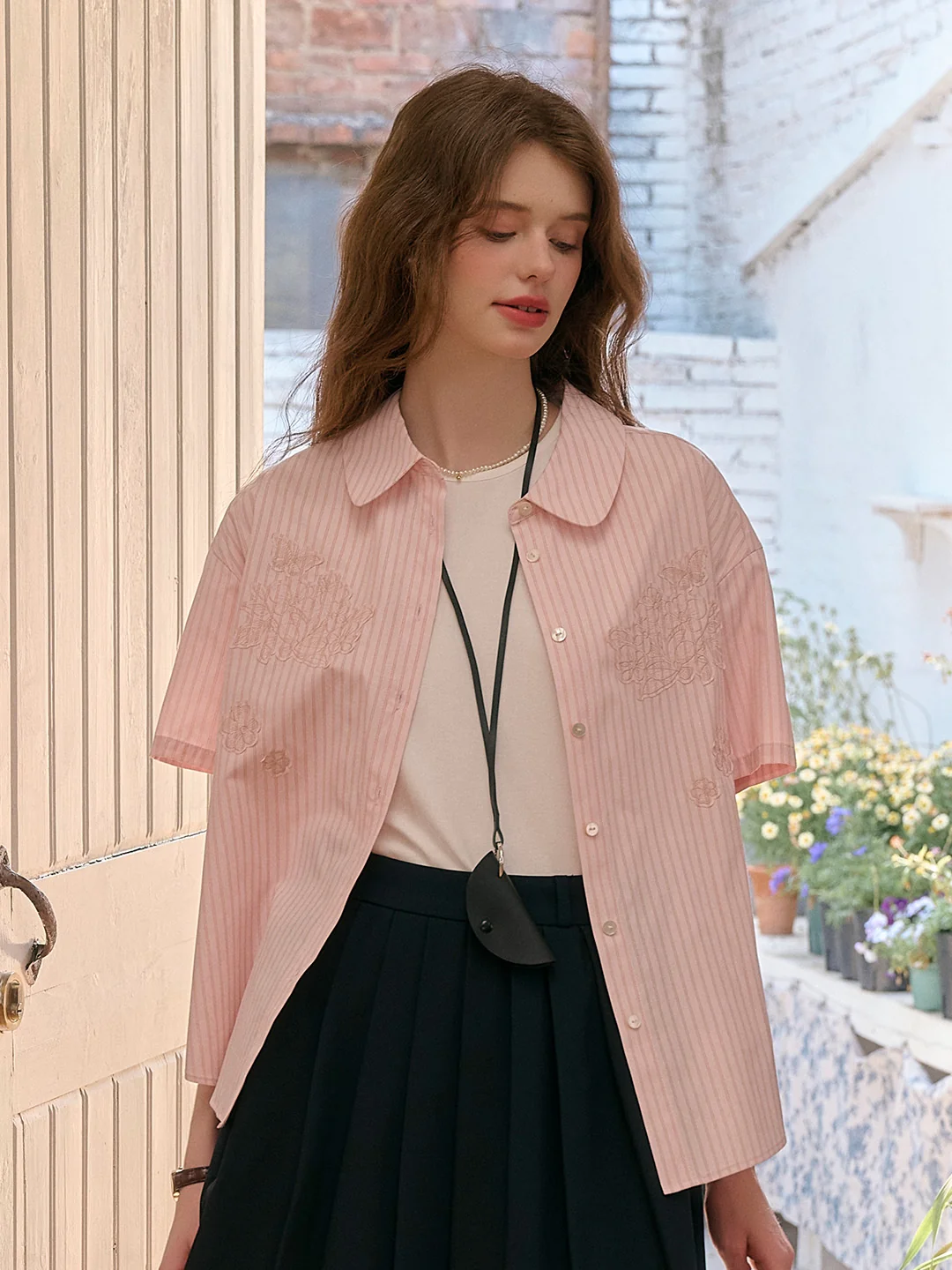 Eden Lapel Embroidery Striped Top