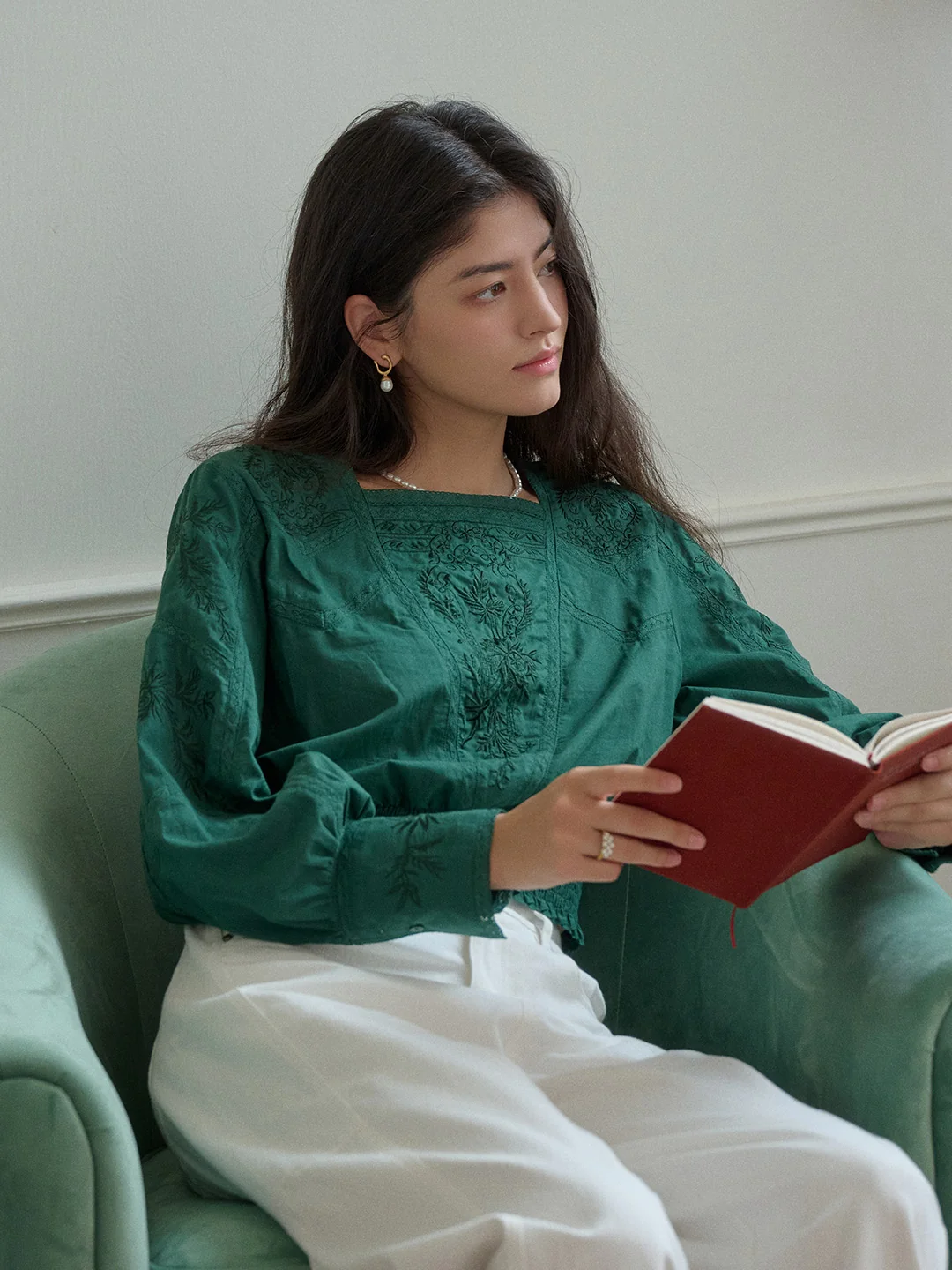 【Final Sale】Oakley Square Neck Embroidery 100% Cotton Blouse