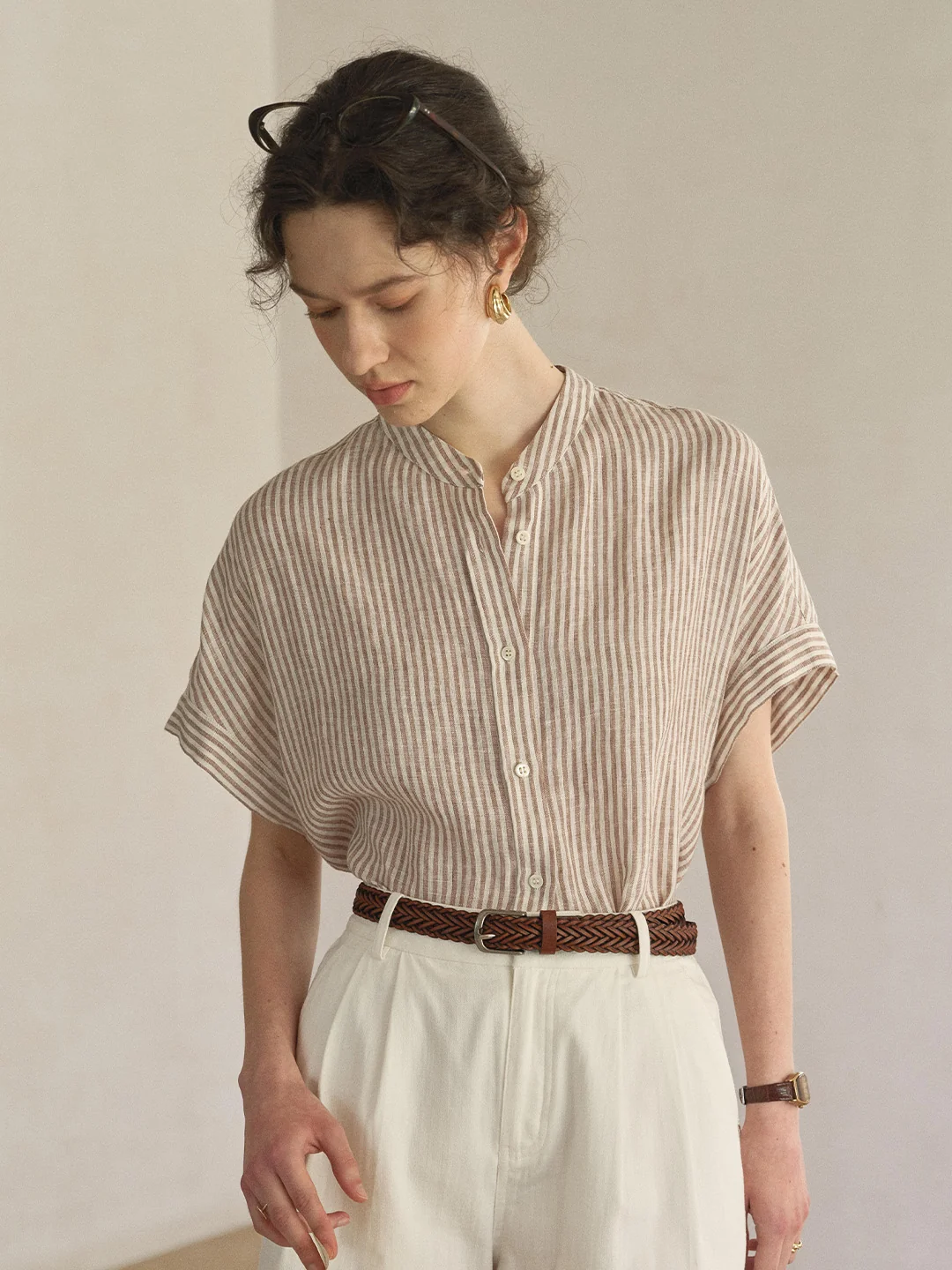 Fleur Stand Collar Stripe 100% Linen Blouse