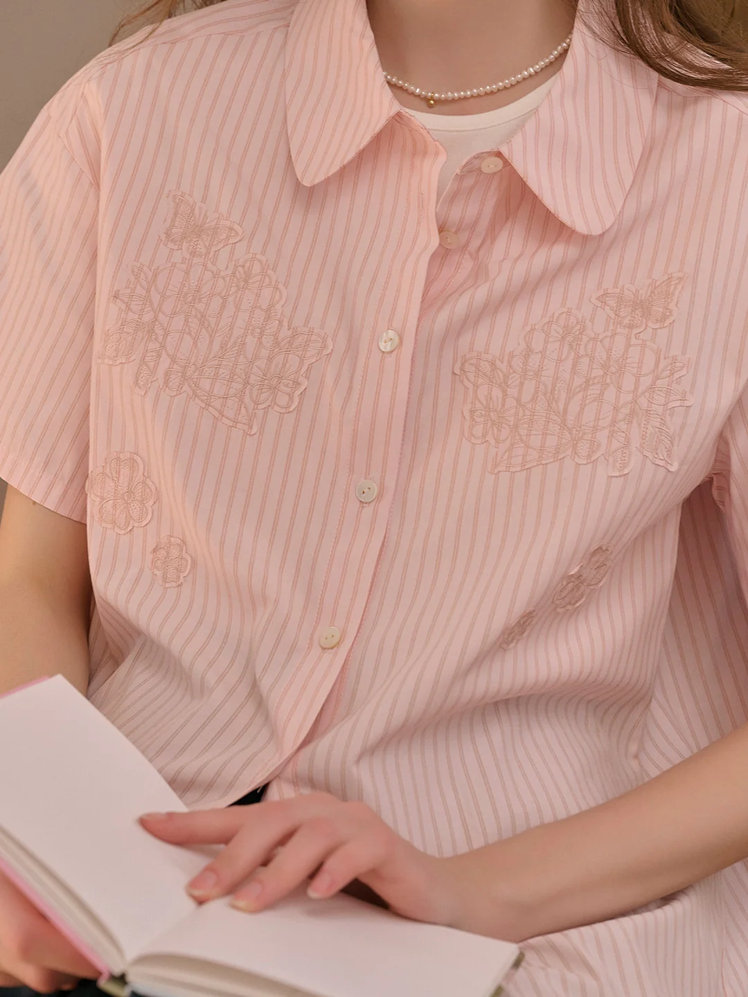 Eden Lapel Embroidery Striped Top