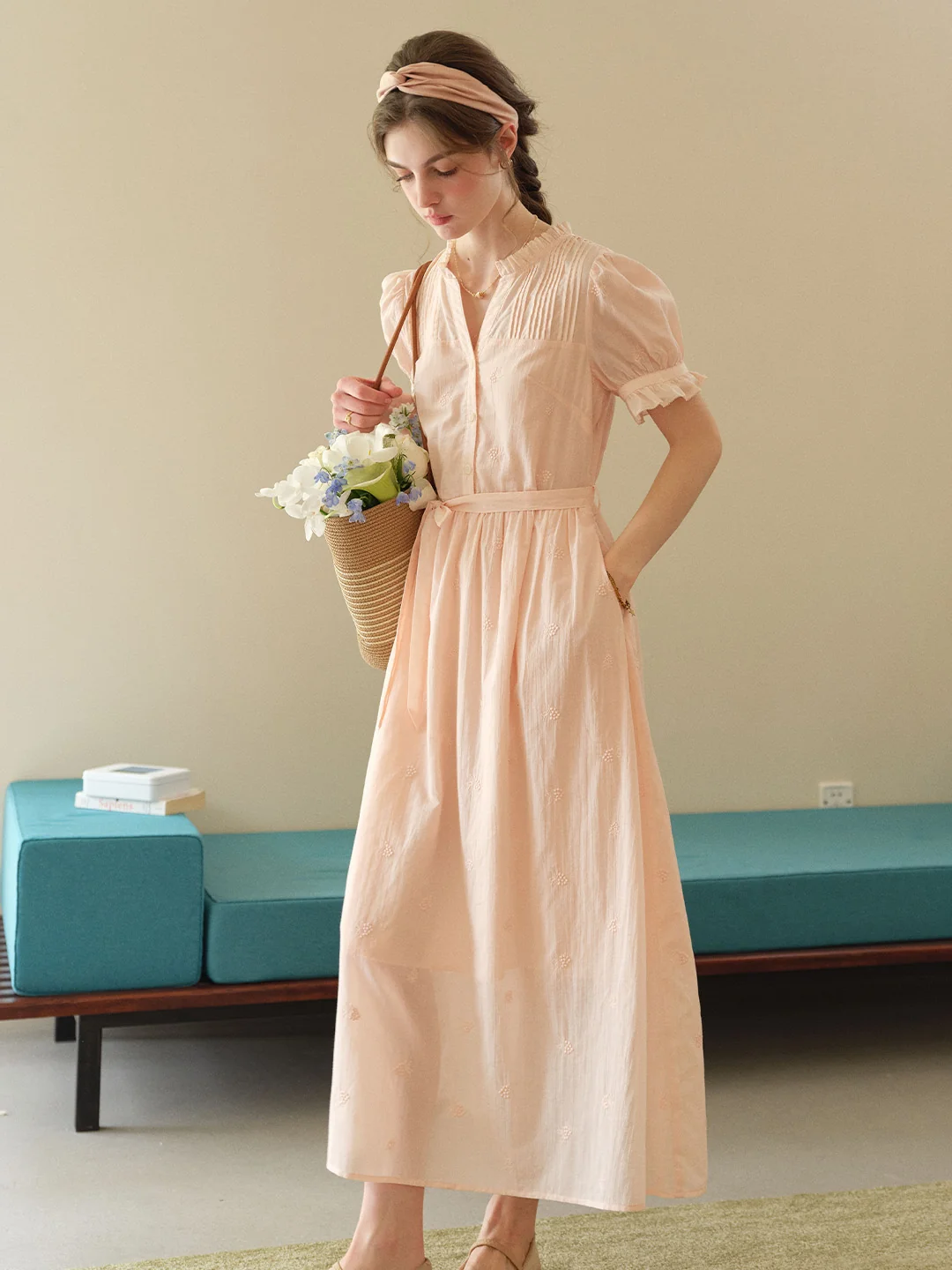 Aitana Rose Embroidered V-neck Puff Sleeve Lace Cotton Dress