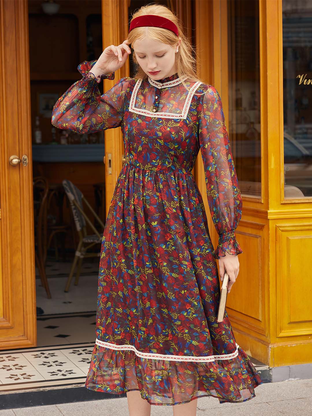 【Final Sale】Isabel Floral Print Guipure Lace Insert Flounce Sleeve Ruffle Hem Dress