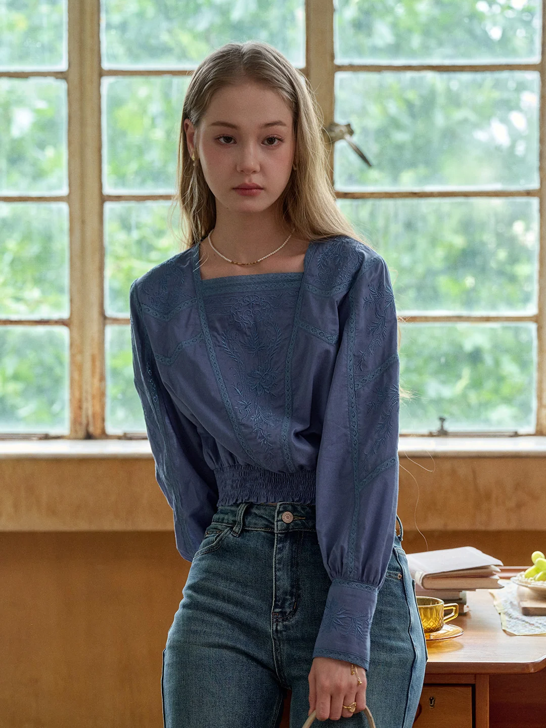 Oakley Square Neck Embroidery 100% Cotton Blouse