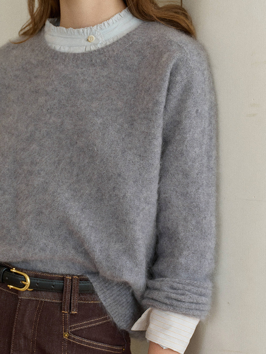 Tru Cloud-Soft Wool Round Neck Sweater Flowers Grey