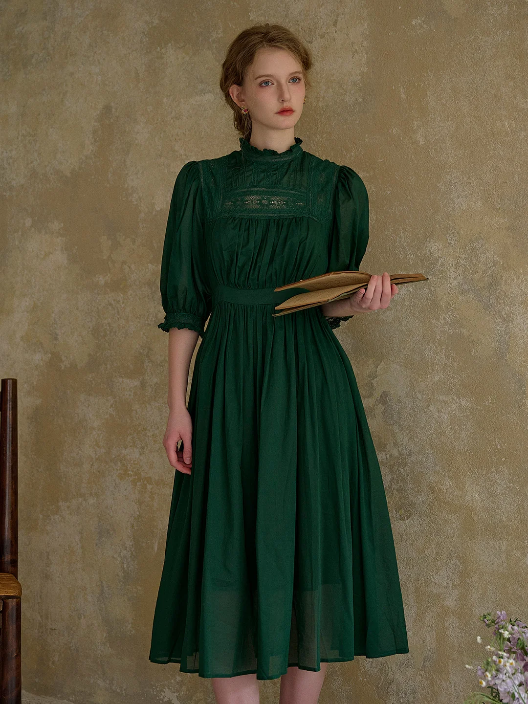 Averie Lace Panel Emerald Green Cotton Dress