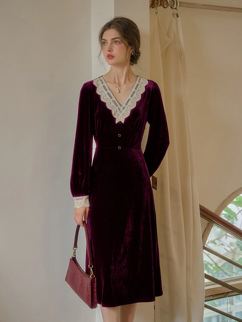 Kristen Elegant V-Neck Contrasting Lace Velvet Dress