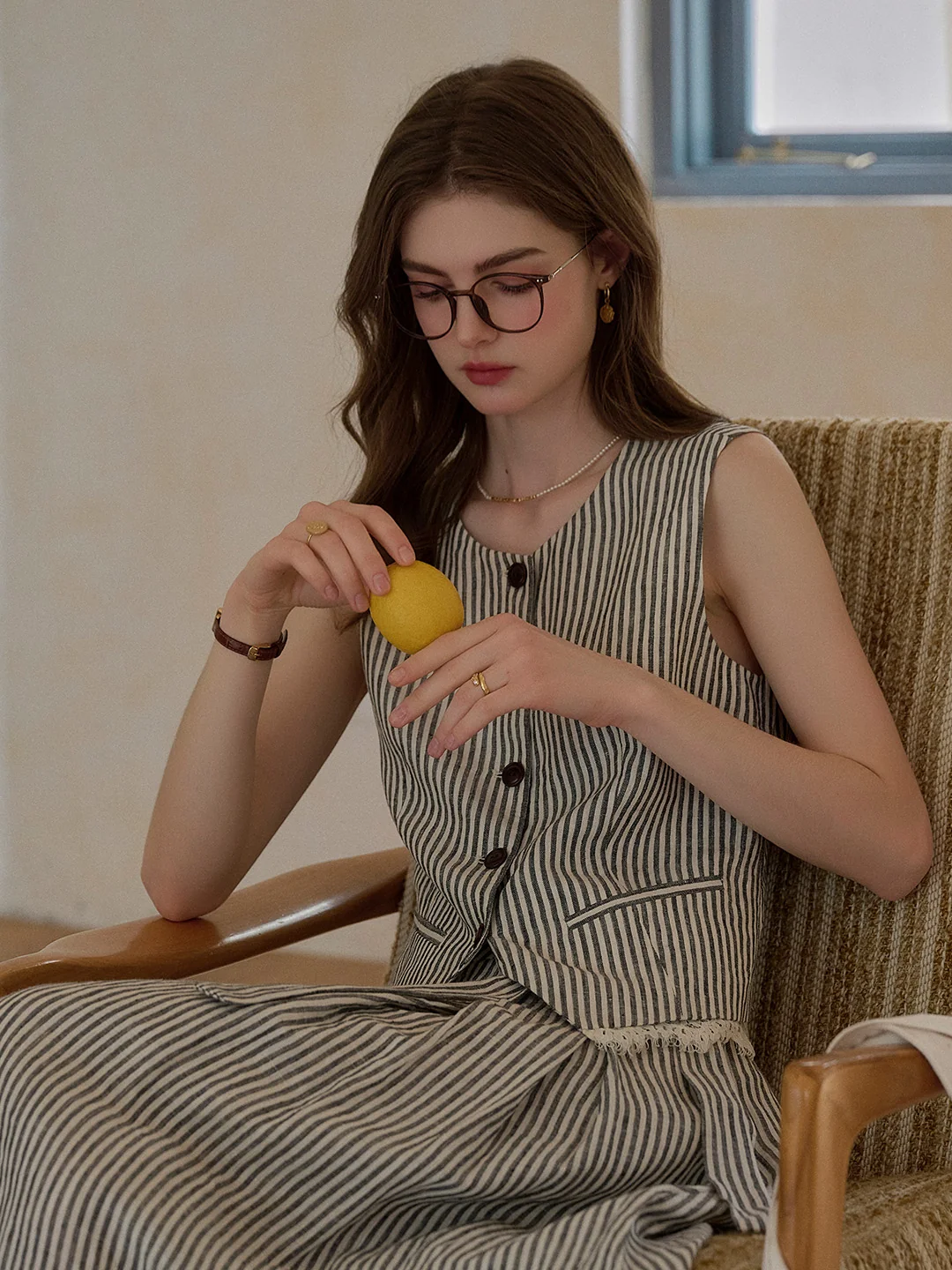 Sofia Round Neck Stripe 100% Linen Vest