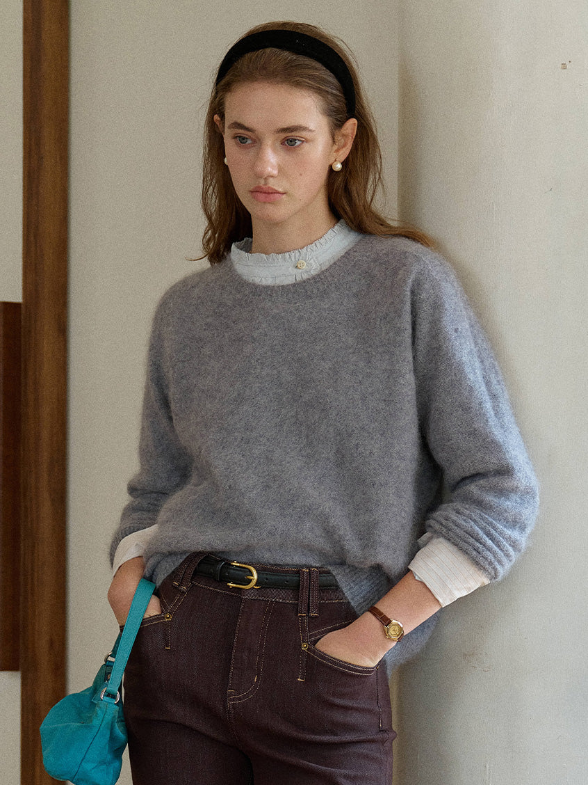 Tru Cloud-Soft Wool Round Neck Sweater Flowers Grey