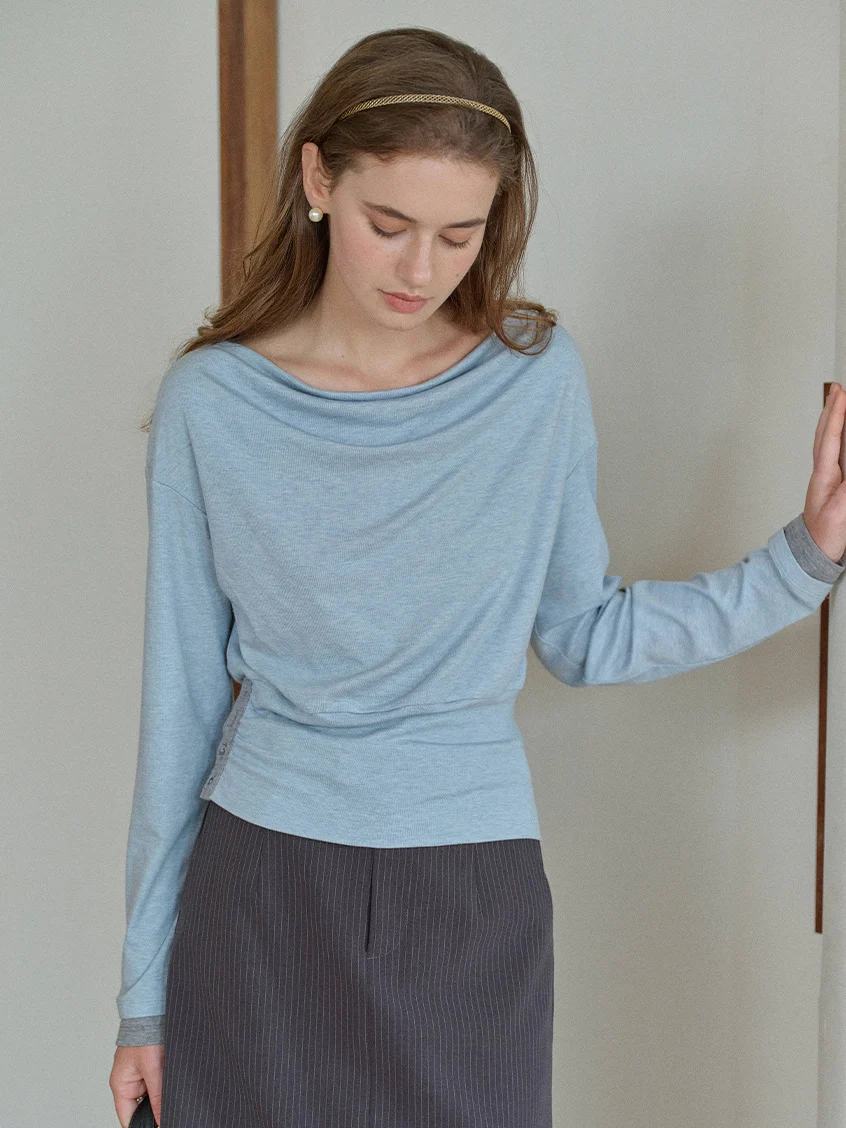 Indigo Cowl Neck Draped Flattering Top