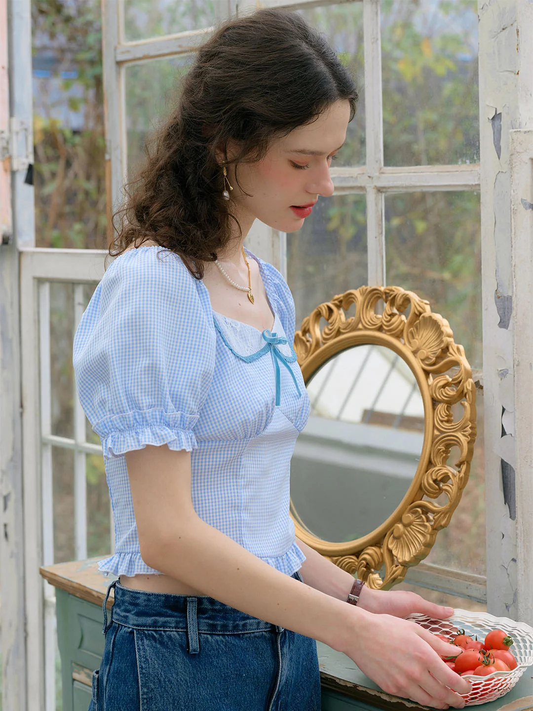 【Final Sale】Sylvie Tie Square Neck Contrasting Lace Bow Puff Sleeves Trim Plaid Blouse