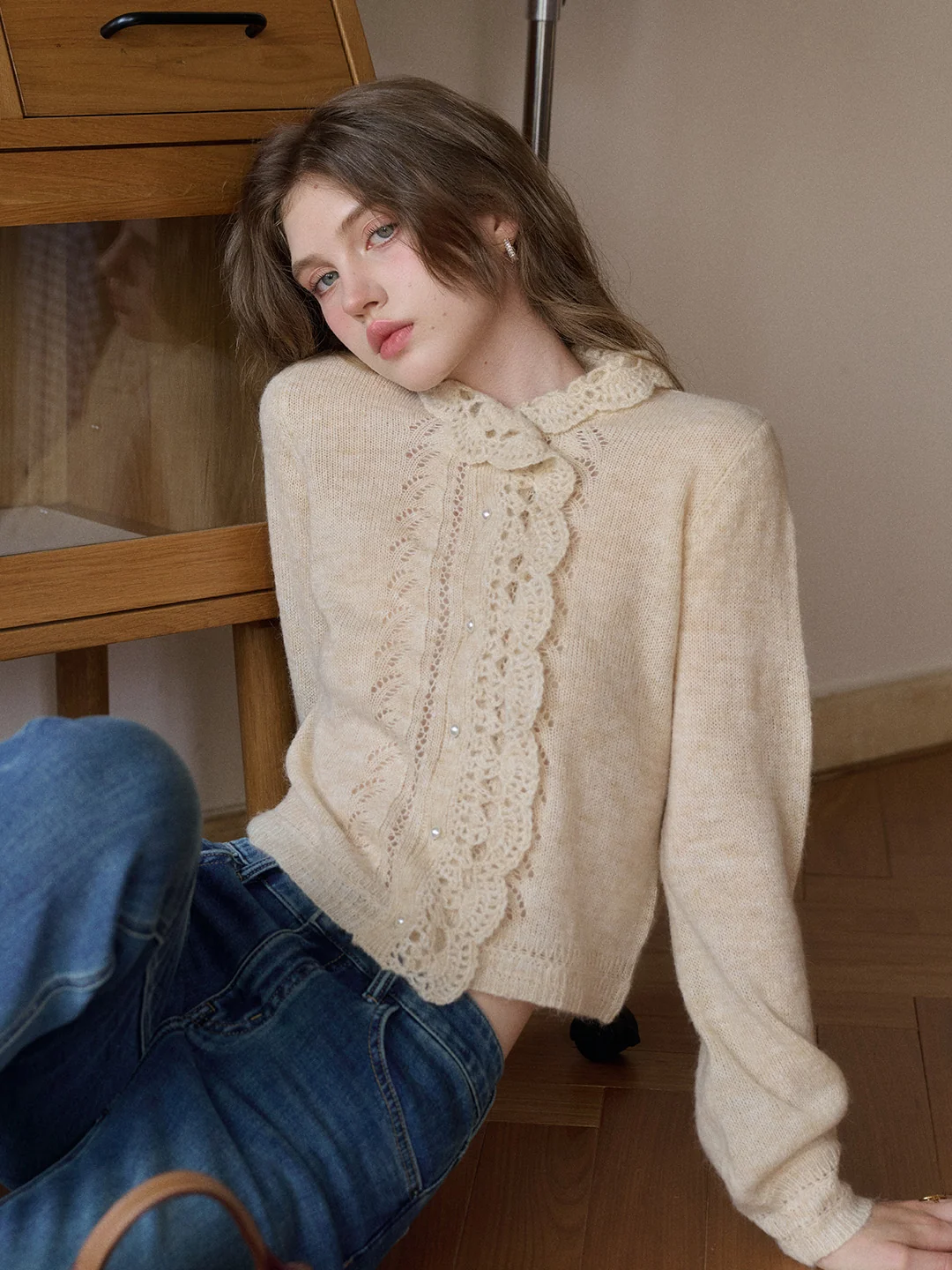 Lauren Wavy Collar Hollow Knit Cardigan