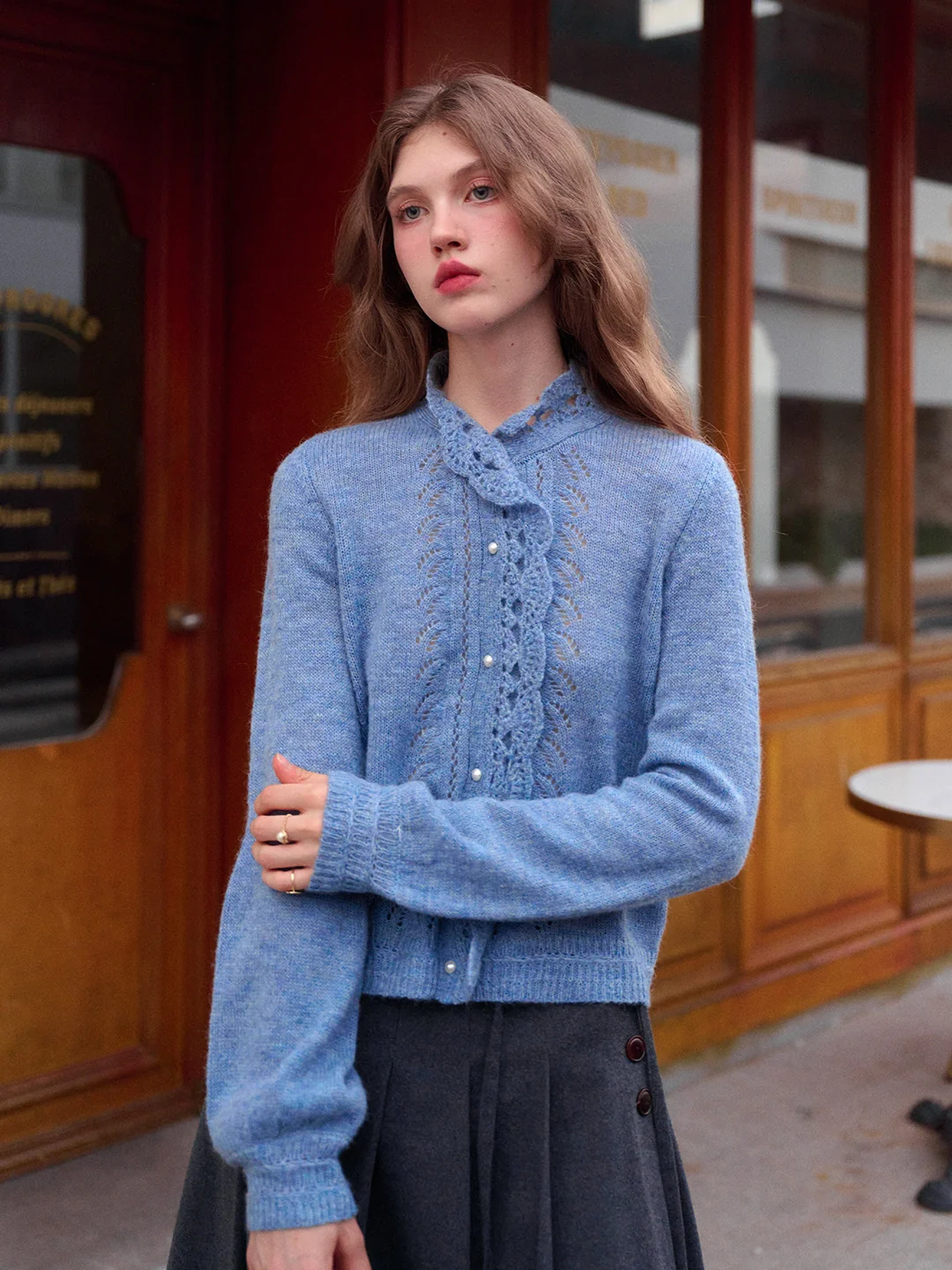 Lauren Wavy Collar Hollow Knit Cardigan