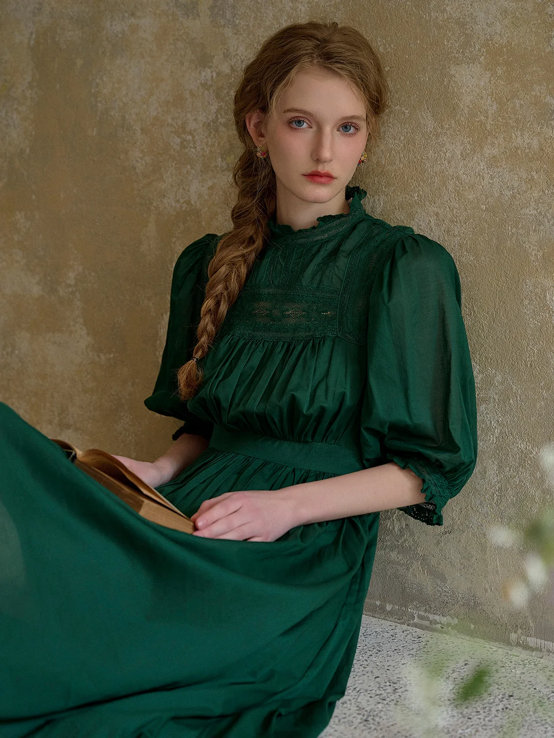 Averie Lace Panel Emerald Green Cotton Dress