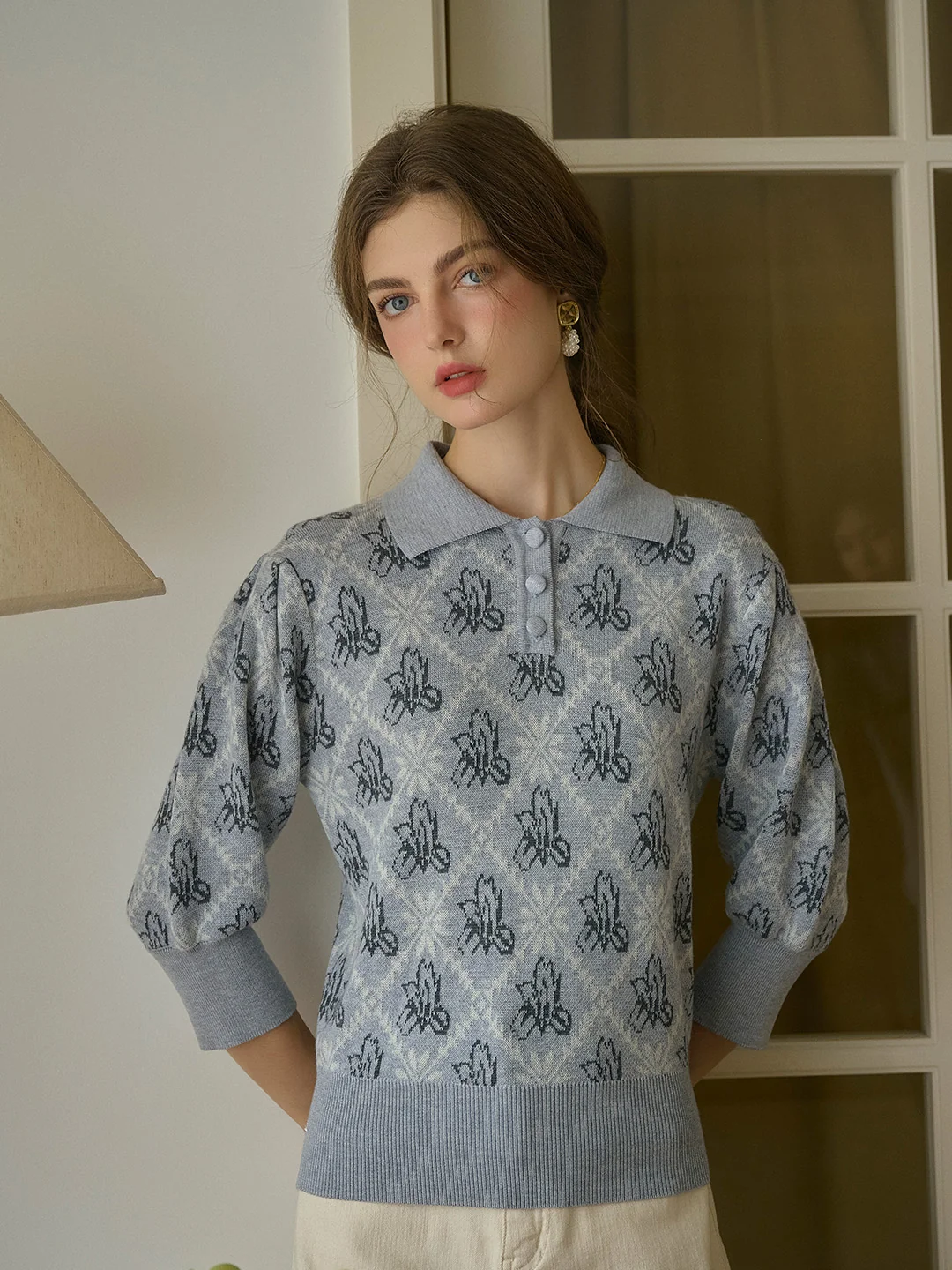 【Final Sale】Tamsin Polo Collar Floral Knit Wool Top - Gray