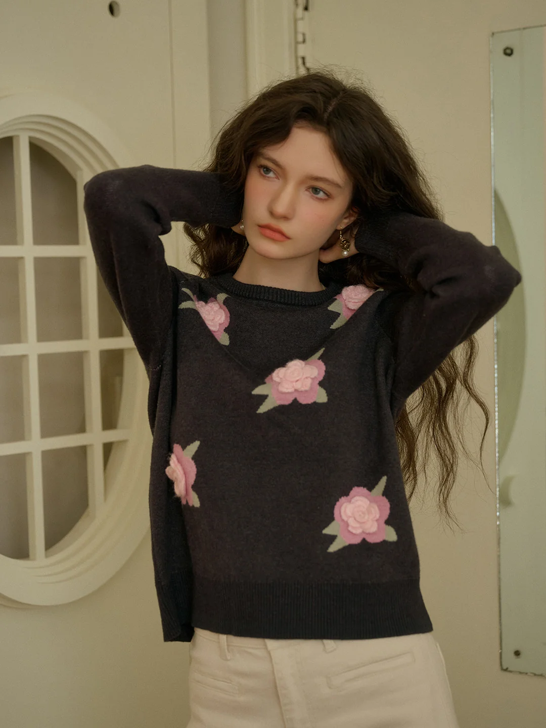 【Final Sale】Sarahi Embroidery Round Neck Hollow 3D Flower Knitted Wool Sweater