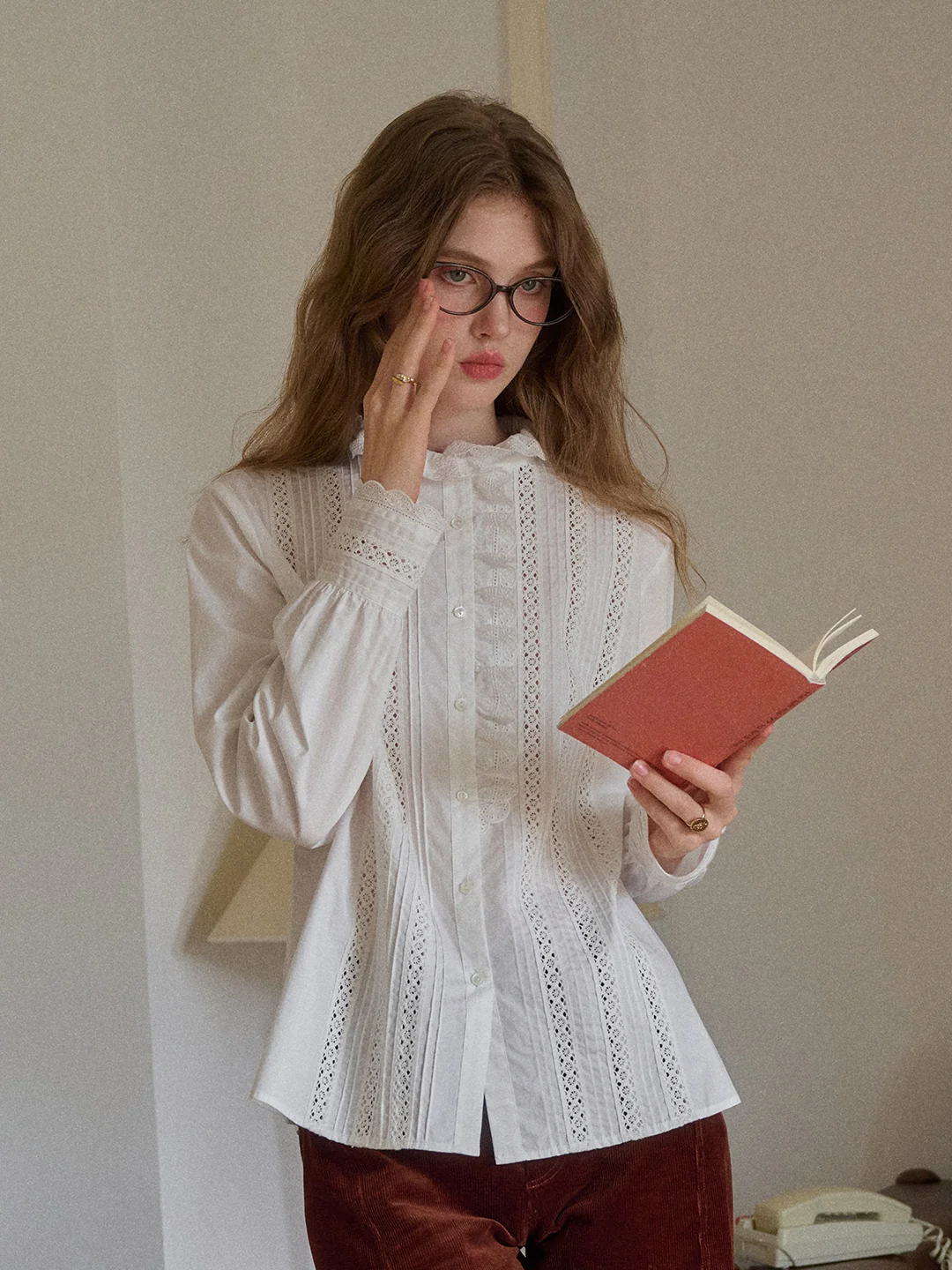 Journi Ruffle Collar Hollow 100% Cotton Blouse