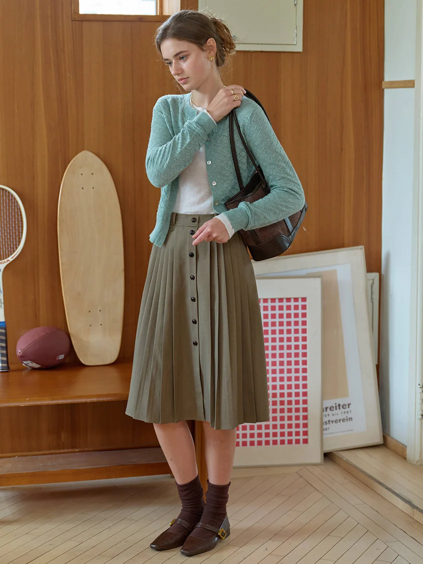Clare High-Waist Button-Front Pleated A-Line Midi Skirt