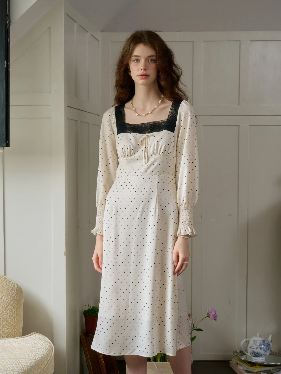 【Final Sale】Mazie Square Collar Polka Dots Contrasting Lace-up Dress