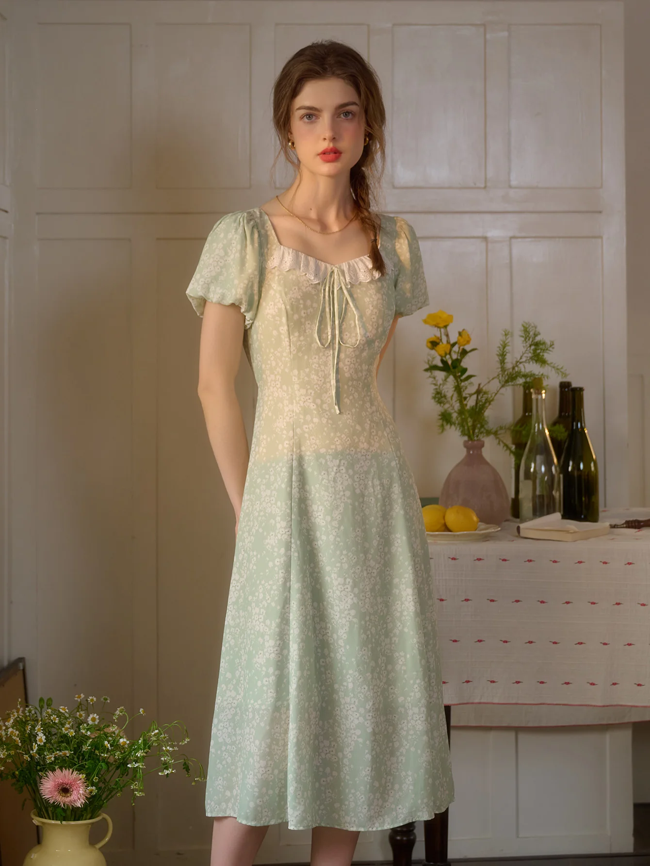 Emma Square Neck Lace Puff Sleeves Dress