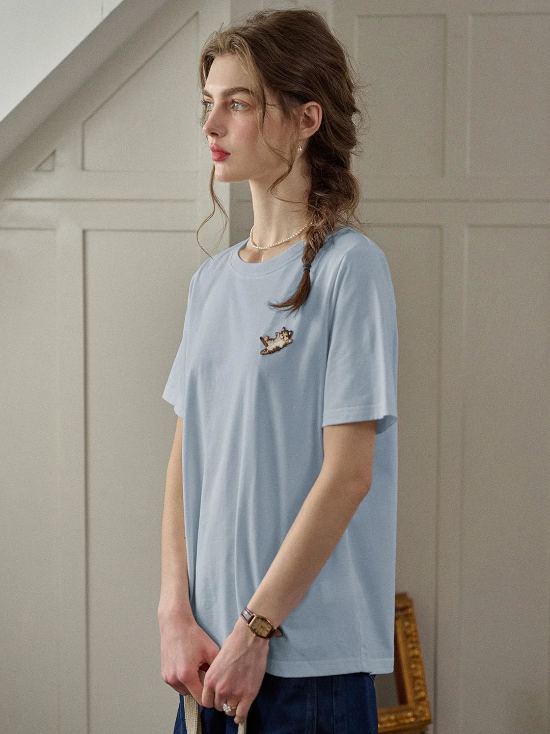 【Final Sale】Kitty Round Neck Embroidered 100% Cotton T-shirt