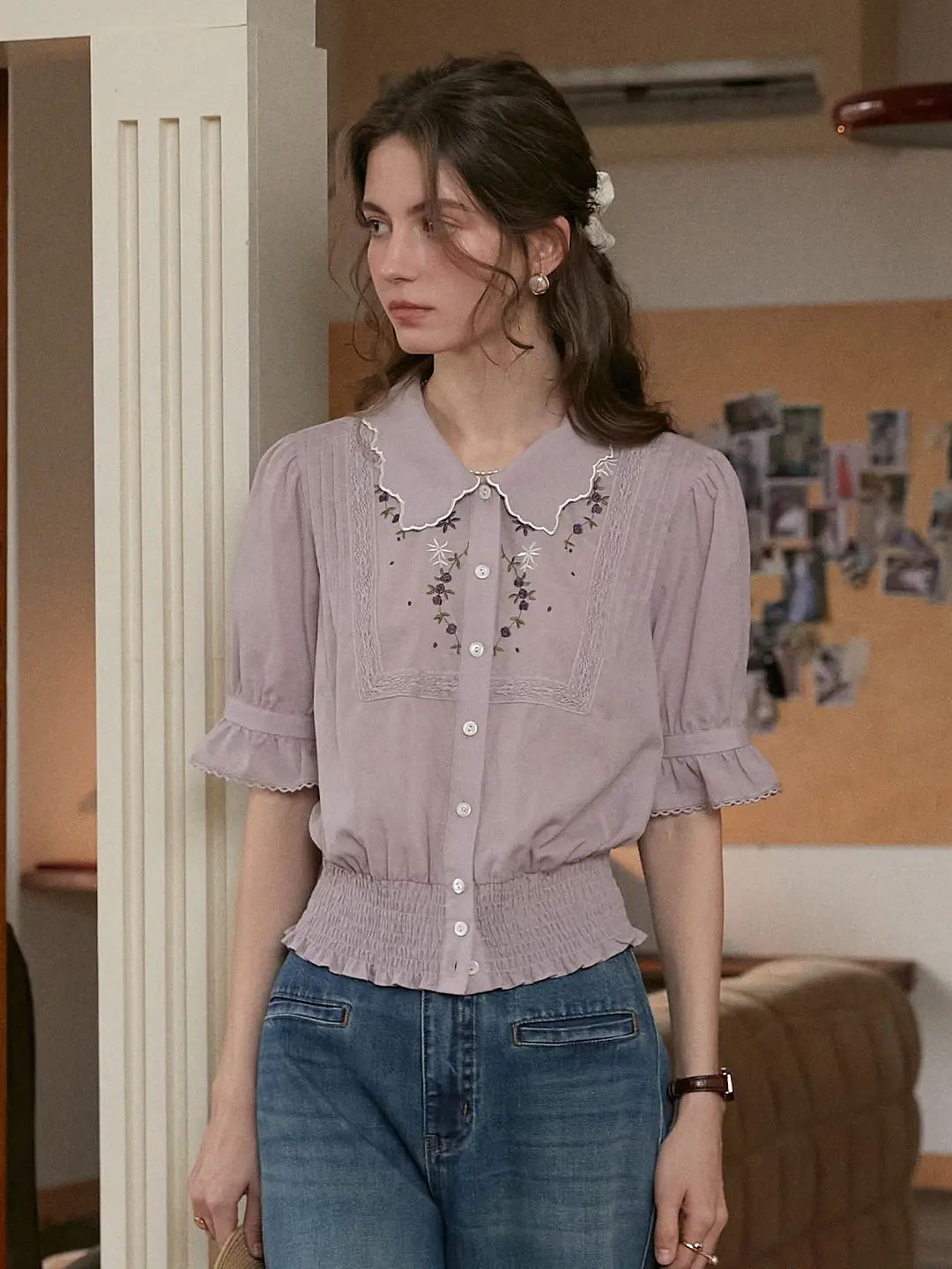Sarahi Peter Pan Collar Embroidered Linen Blouse
