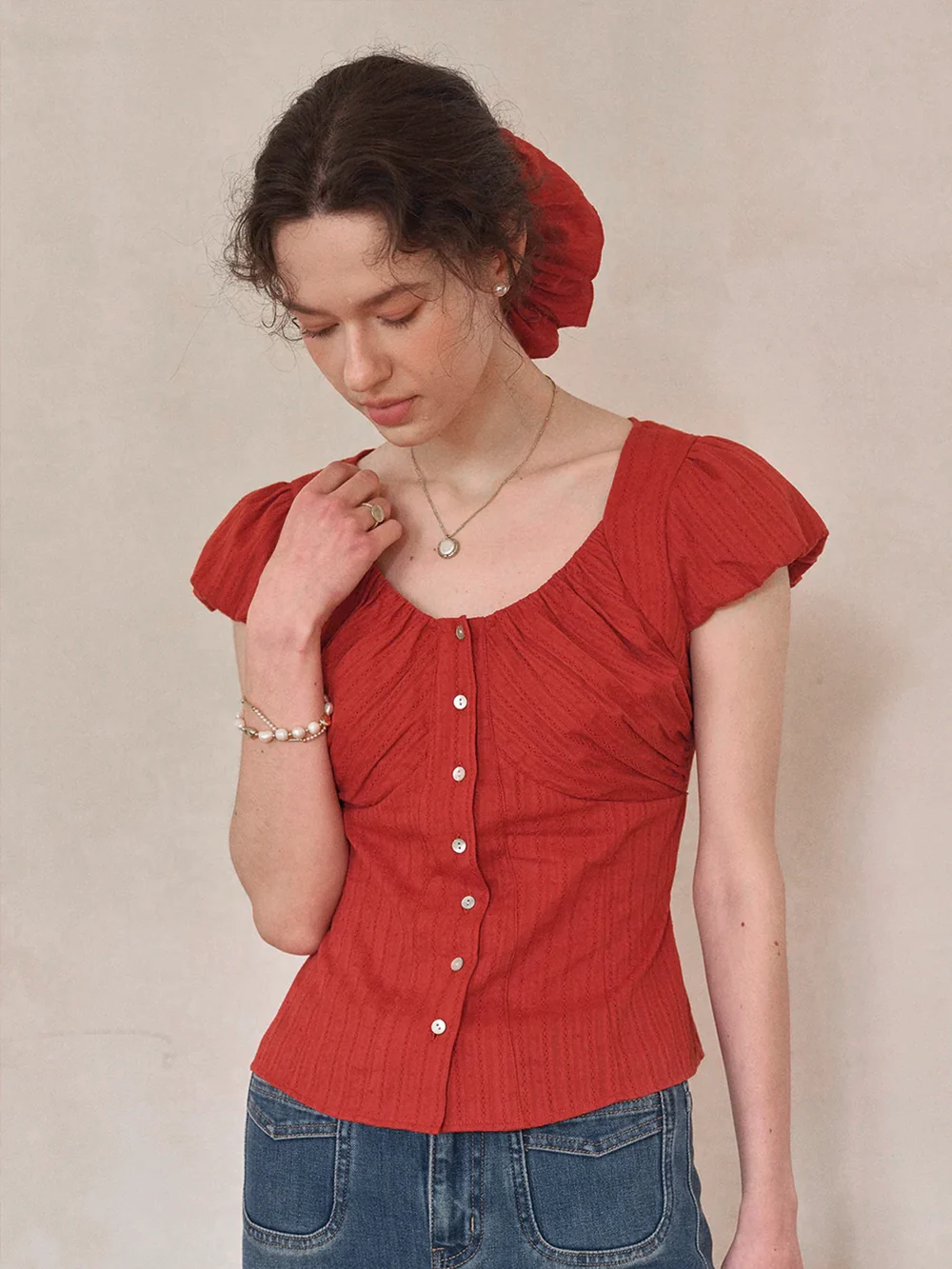 Lacey Round Neck Waist 100% Cotton Blouse