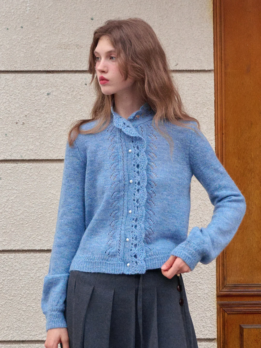 Lauren Wavy Collar Hollow Knit Cardigan