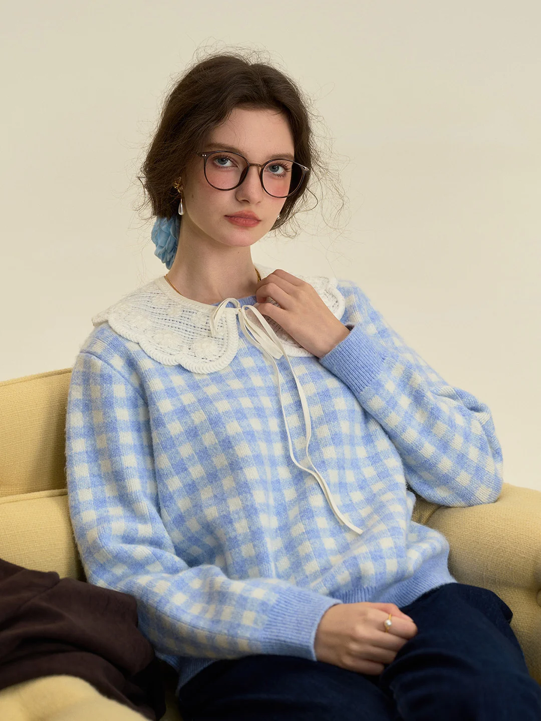 【Final Sale】Brielle Doll Collar Plaid Wool Sweater
