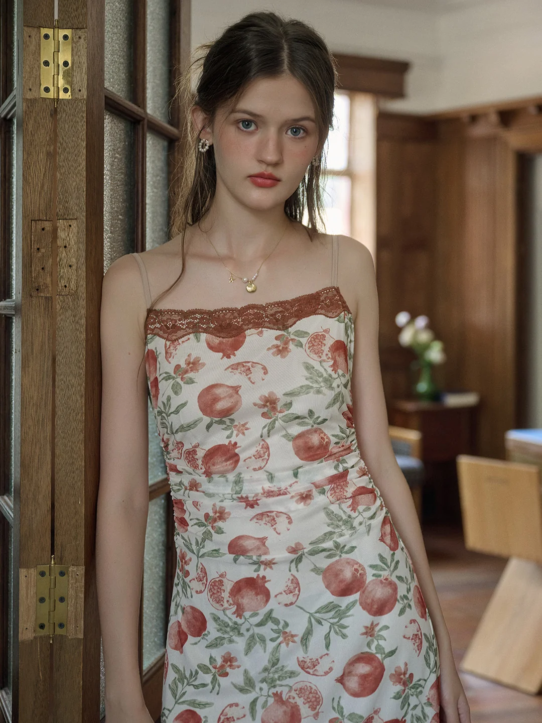 【Final Sale】Violet Romantic Pomegranate Print Lace Square Neck Sling Dress