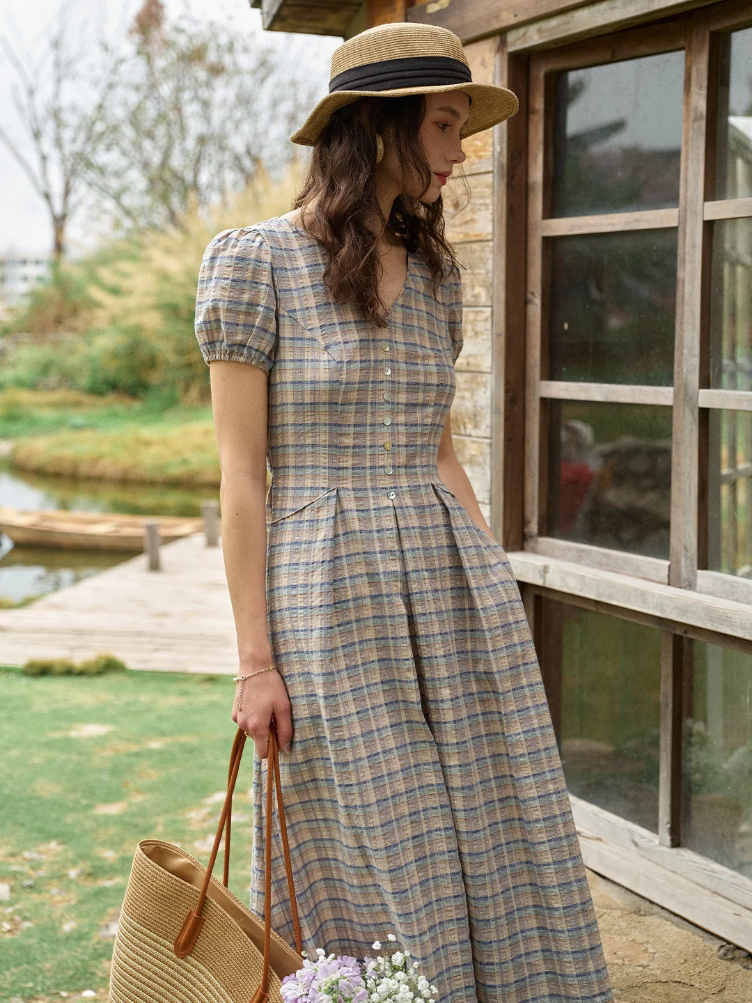 Nyra V-Neck Plaid 100% Cotton Dress