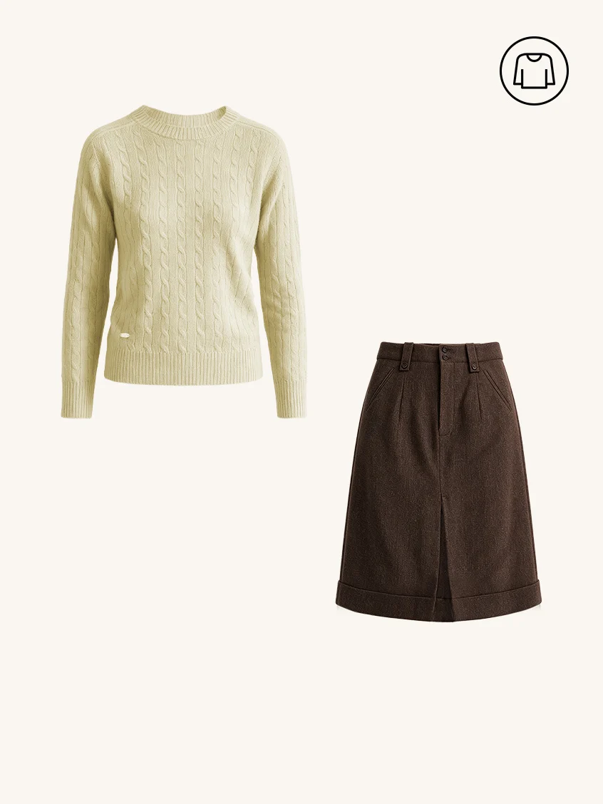 2Pcs Set Shay Cable-Knit Lightweight Wool-Cashmere Sweater& Zeta Pocket Button Front-Slit A-Line Midi Skirt
