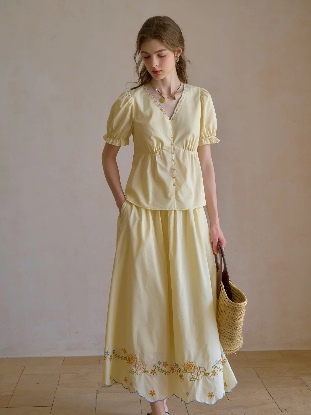 Margaret V-Neck Waist 100% Cotton Blouse