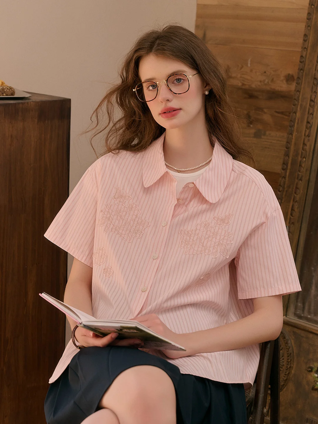 Eden Lapel Embroidery Striped Top