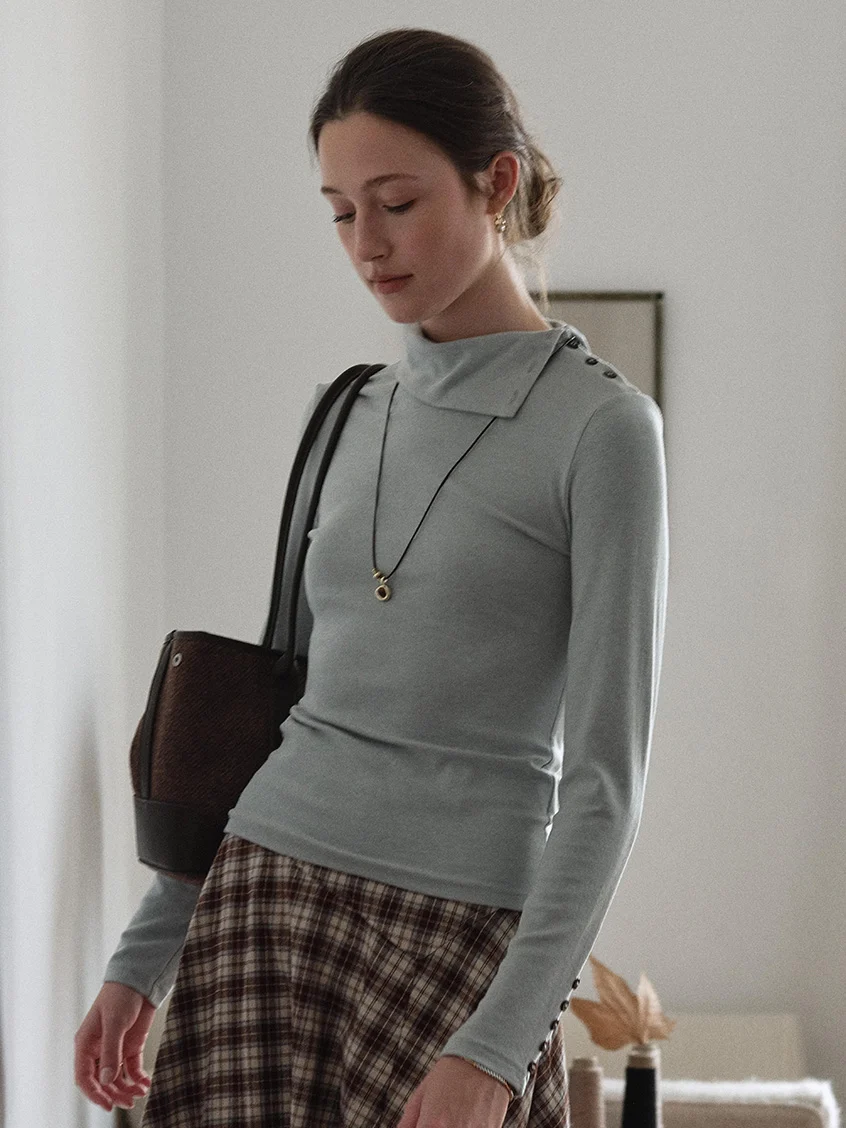 Janina Draped Collar Slim-Fit Ruched Top