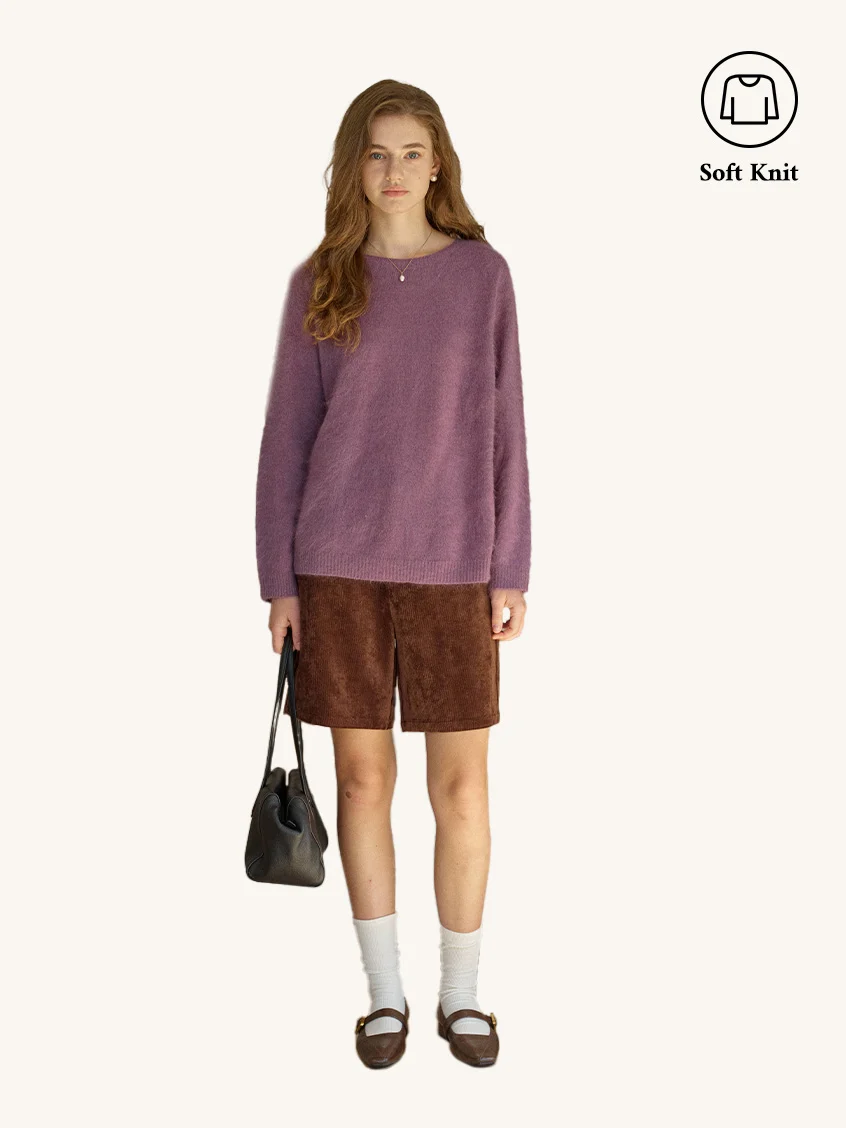 2Pcs Set Tru Cloud-Soft Wool Round Neck Sweater Taro Purple & Saanvi Classic All-Purpose Button Shorts