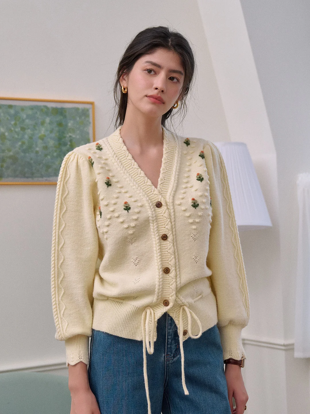 【Final Sale】Kira V-Neck Crochet Tie-Waist Wool Sweater