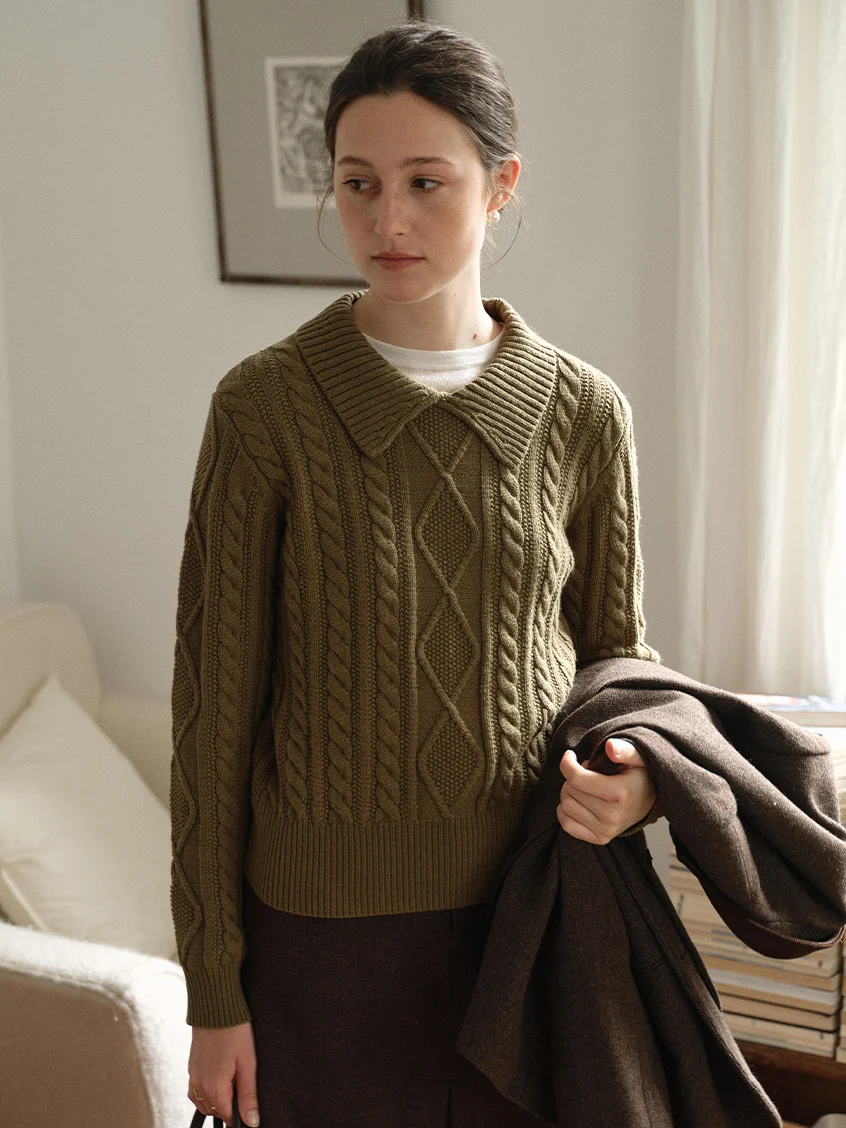 Zemira Lapel Collar Cable Knit Sweater
