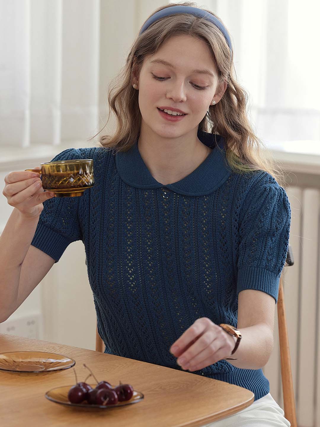 Kamryn Small Lapel Hollow Short Sleeve Knit Top