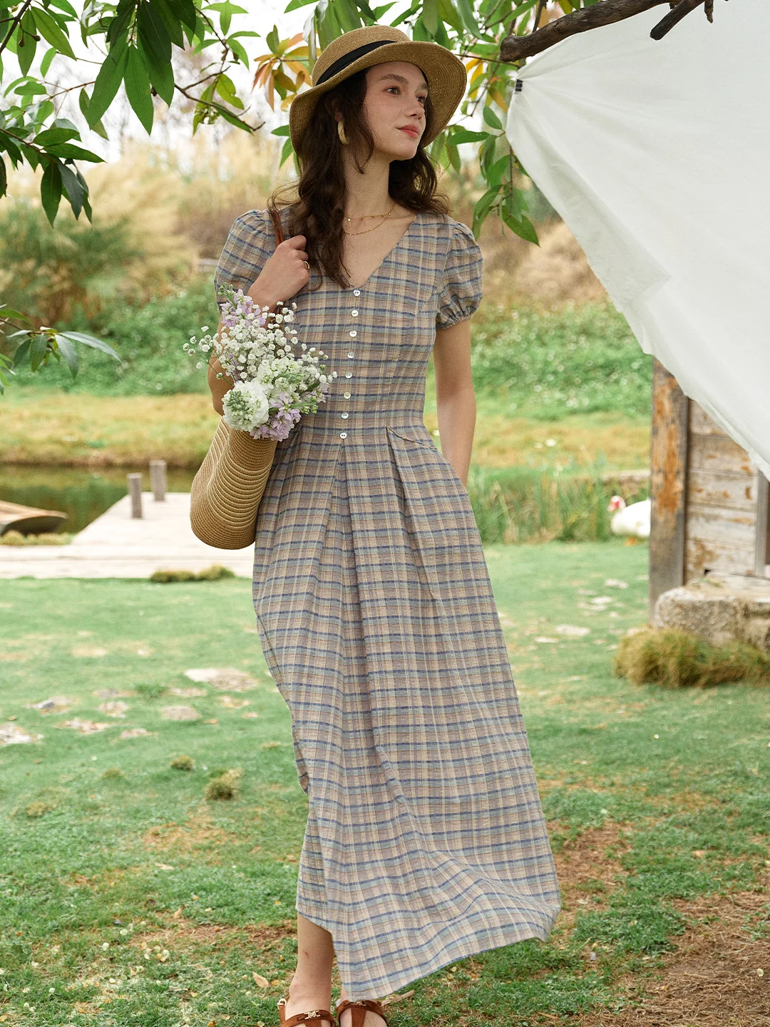 Nyra V-Neck Plaid 100% Cotton Dress