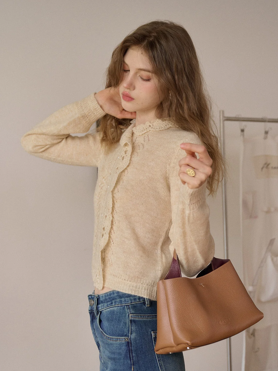 Lauren Wavy Collar Hollow Knit Cardigan