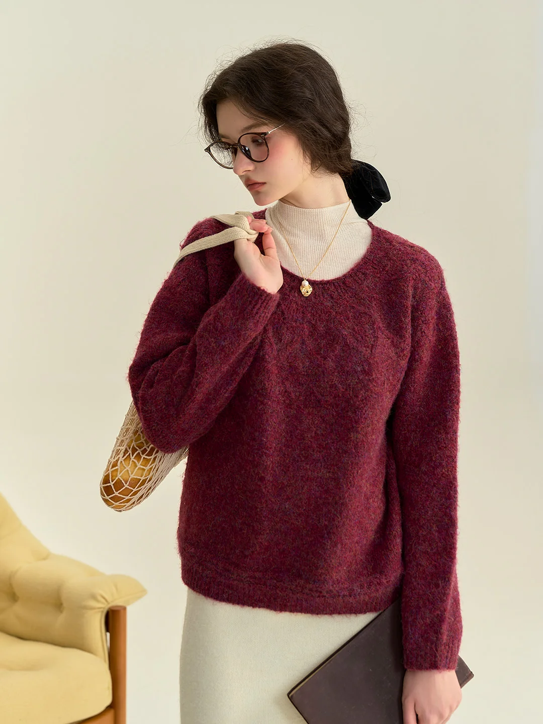 Aspyn Classic Round Neck Knitted Wool Sweater - Dark Red