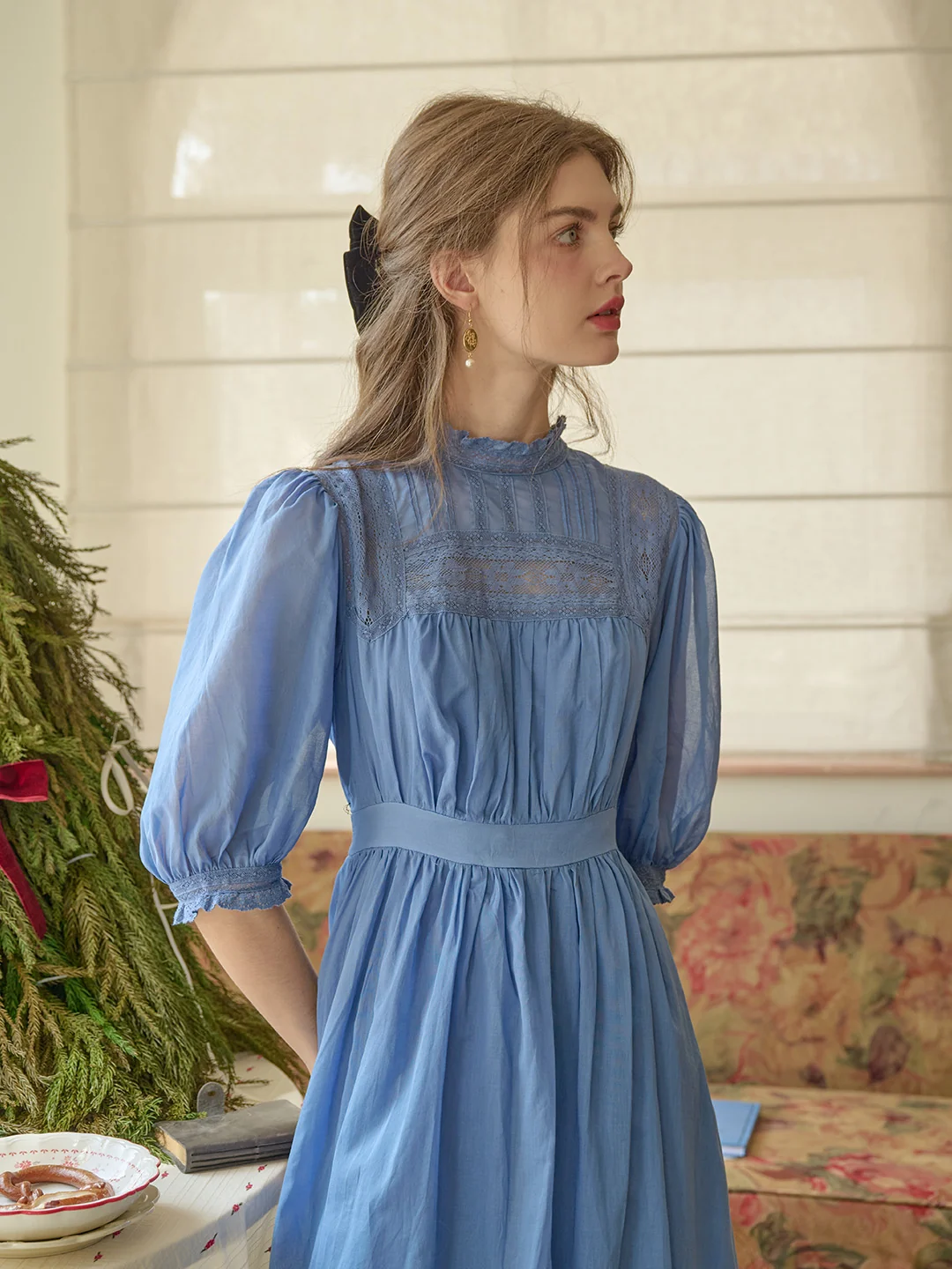 Averie Lace Panel Blue Cotton Dress