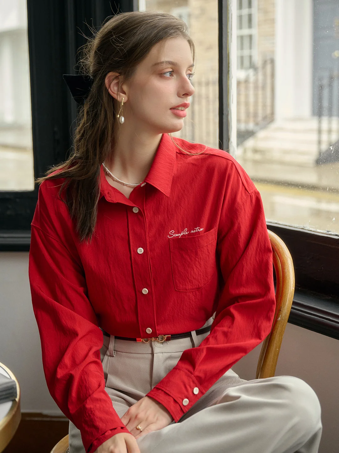 Estrella Classic Lapel Contrast SR Logo Embroidered Pocket Shirt - Red