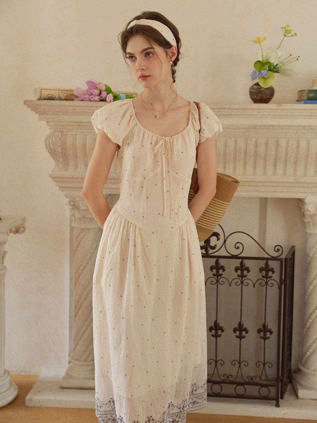 Gabriella Round Neck Printed Linen Dress