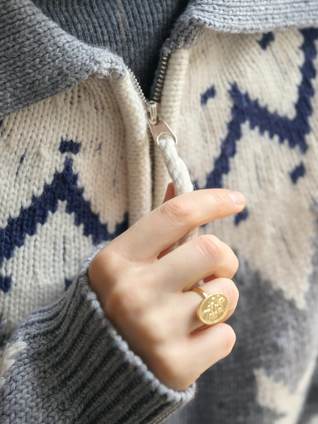 Ailany Notched Collar Fair Isle Double Zipper Wool Cardigan