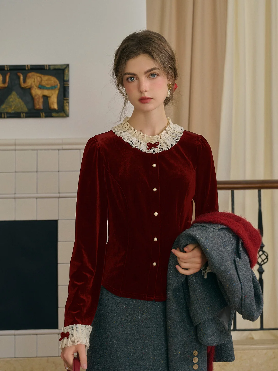 Azaria Round Collar Contrasting Lace Panel Bow Velvet Top