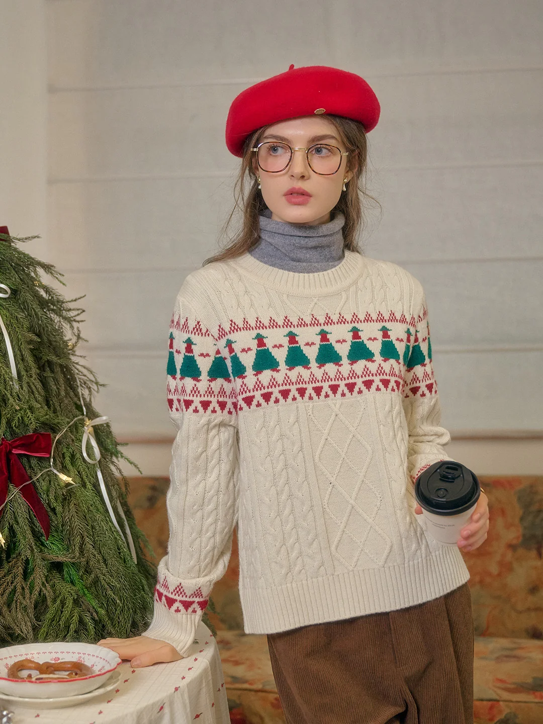 【Final Sale】Charlize Fair Isle Ribbed Round Neck Christmas Wool Sweater