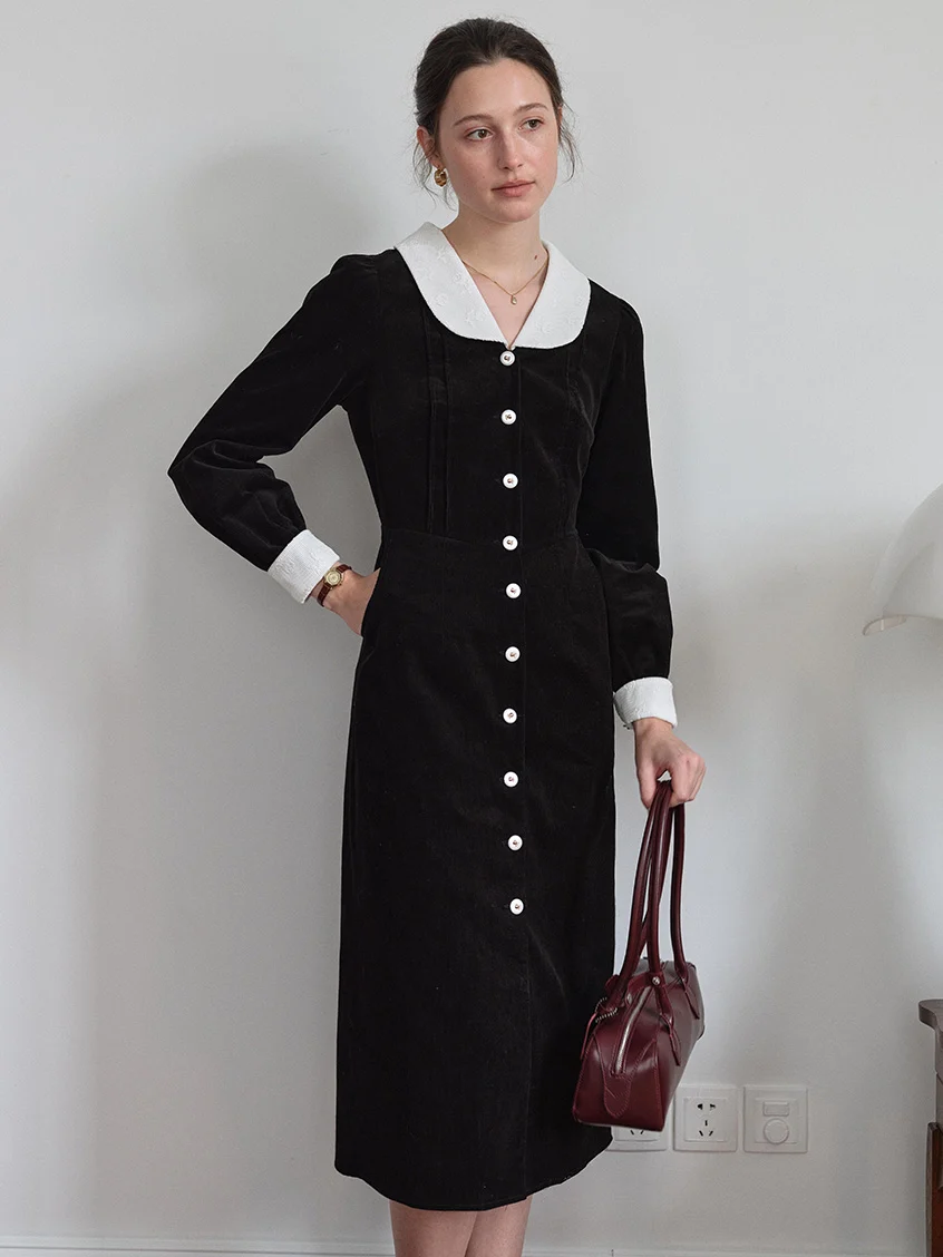 Aine Peter-Pan Collar Contrast-Cuff Button-Front Dress