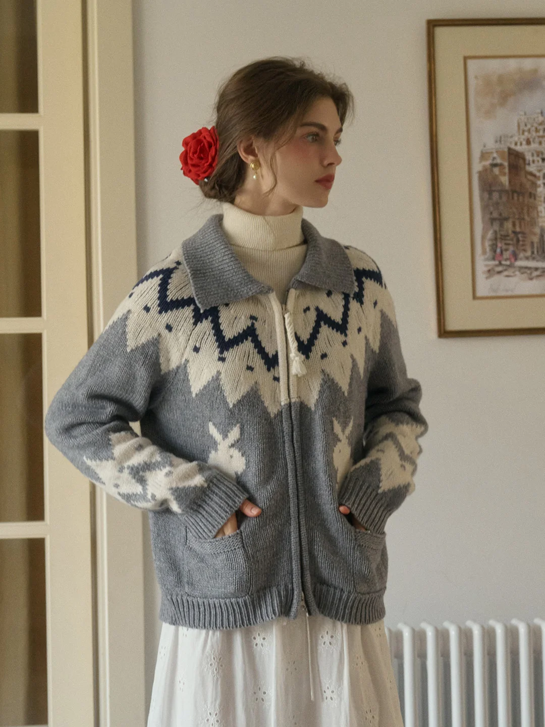 Ailany Notched Collar Fair Isle Double Zipper Wool Cardigan