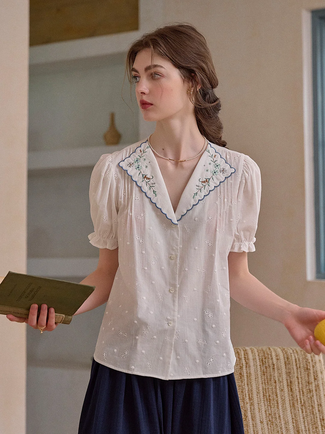 Lainey V-Neck Embroidery 100% Cotton Blouse